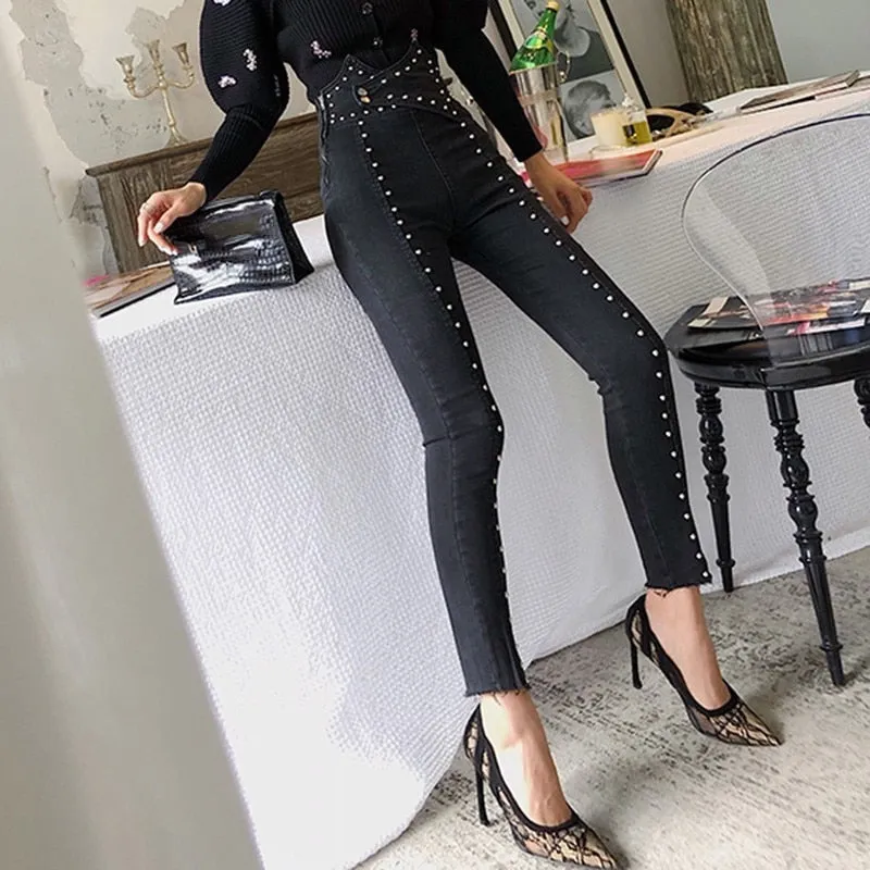 High Waist Beaded Ankle Length Jeans