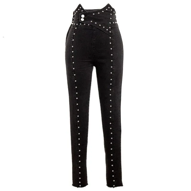 High Waist Beaded Ankle Length Jeans