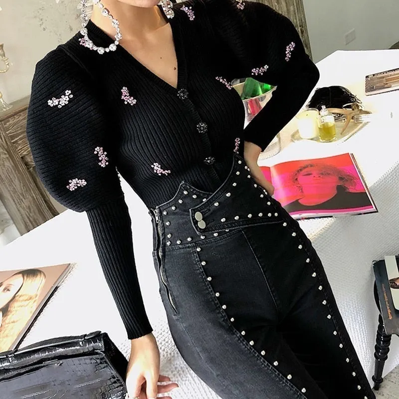 High Waist Beaded Ankle Length Jeans