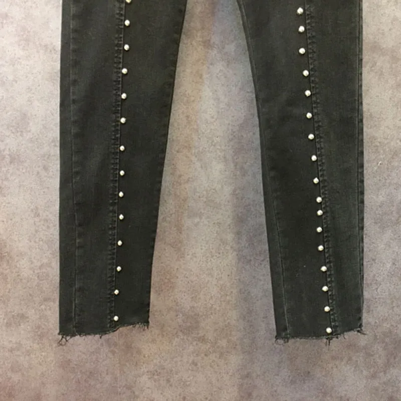 High Waist Beaded Ankle Length Jeans