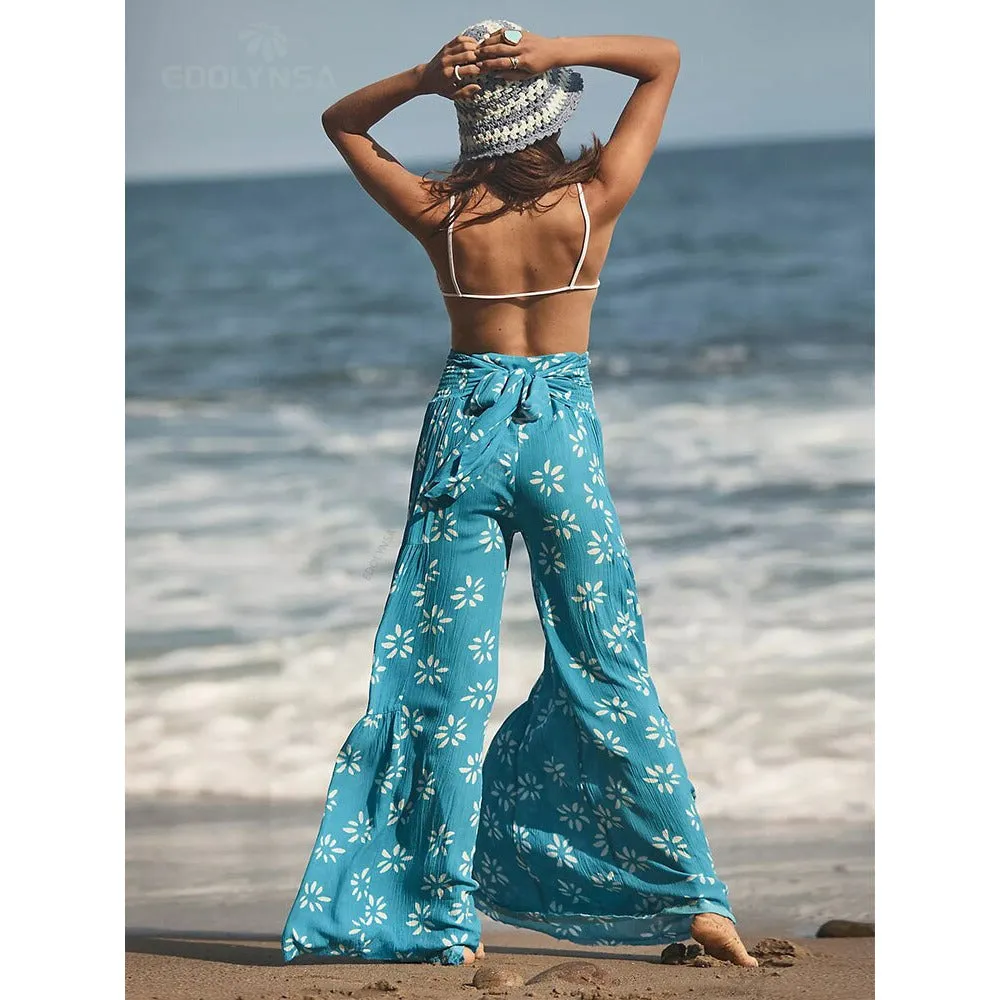 High Waist Belted Beachwear Loose Pants