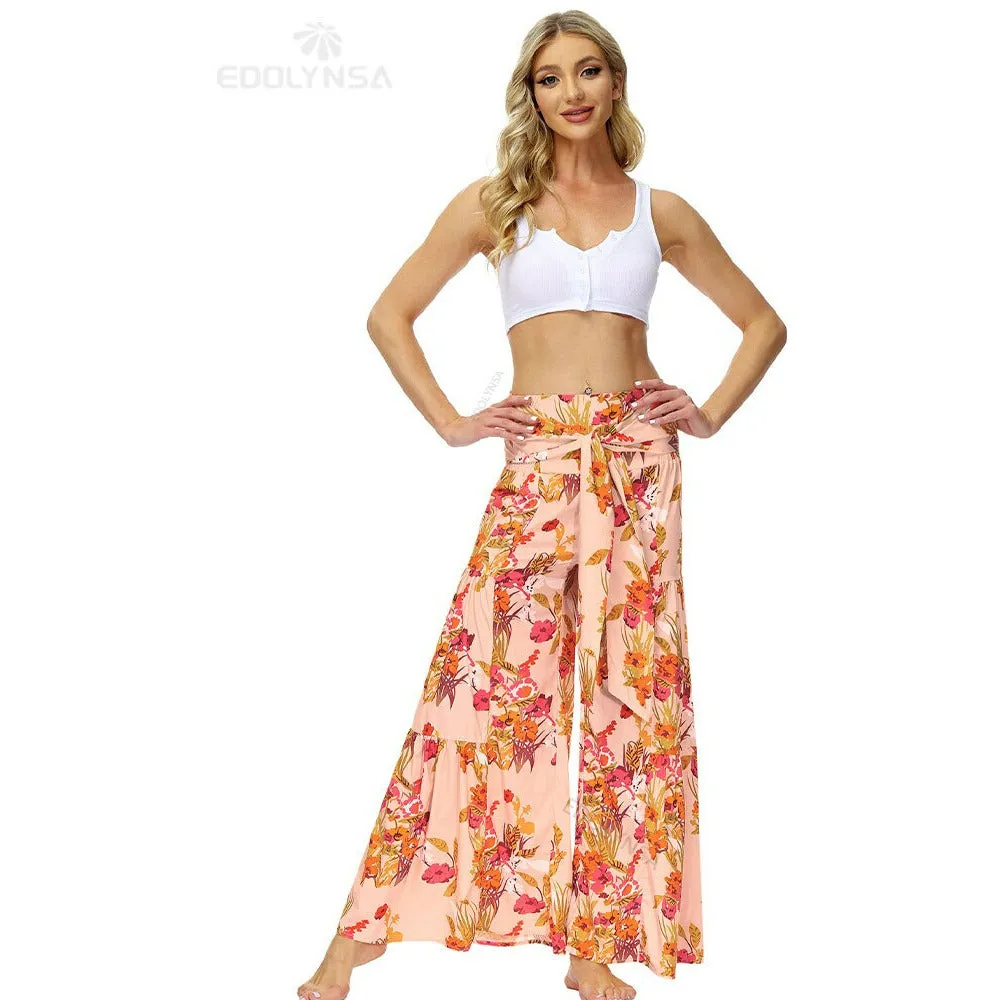High Waist Belted Beachwear Loose Pants