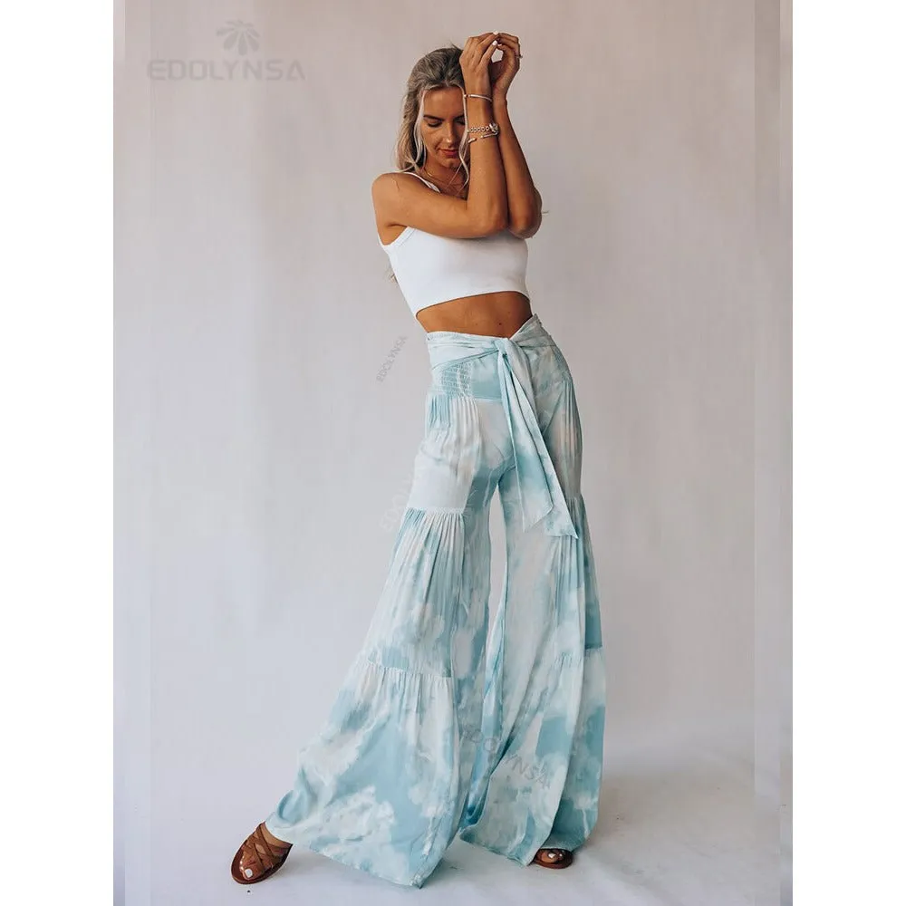 High Waist Belted Beachwear Loose Pants
