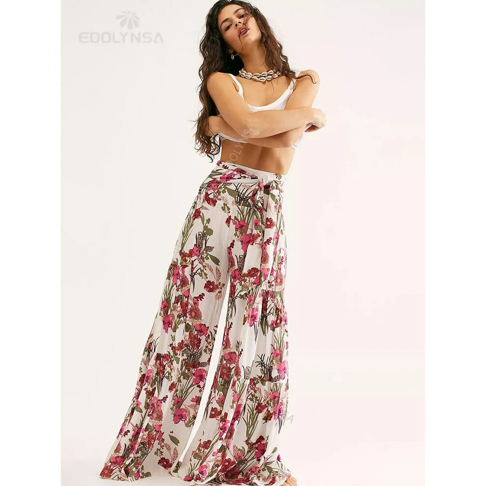 High Waist Belted Beachwear Loose Pants