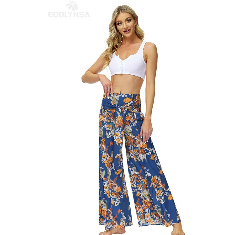 High Waist Belted Beachwear Loose Pants
