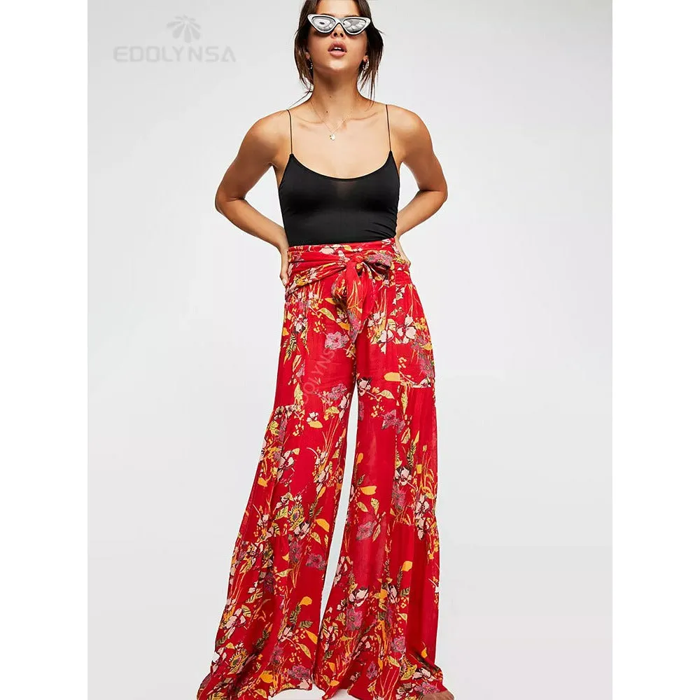 High Waist Belted Beachwear Loose Pants