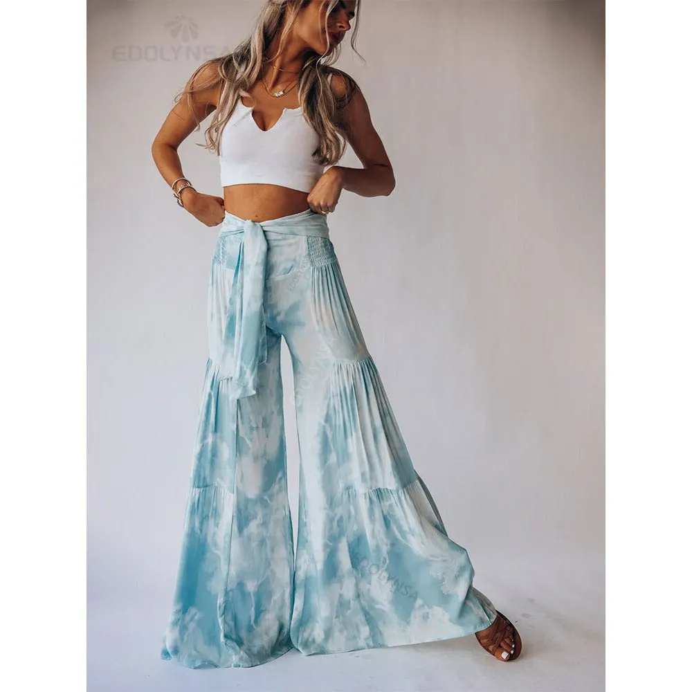 High Waist Belted Beachwear Loose Pants