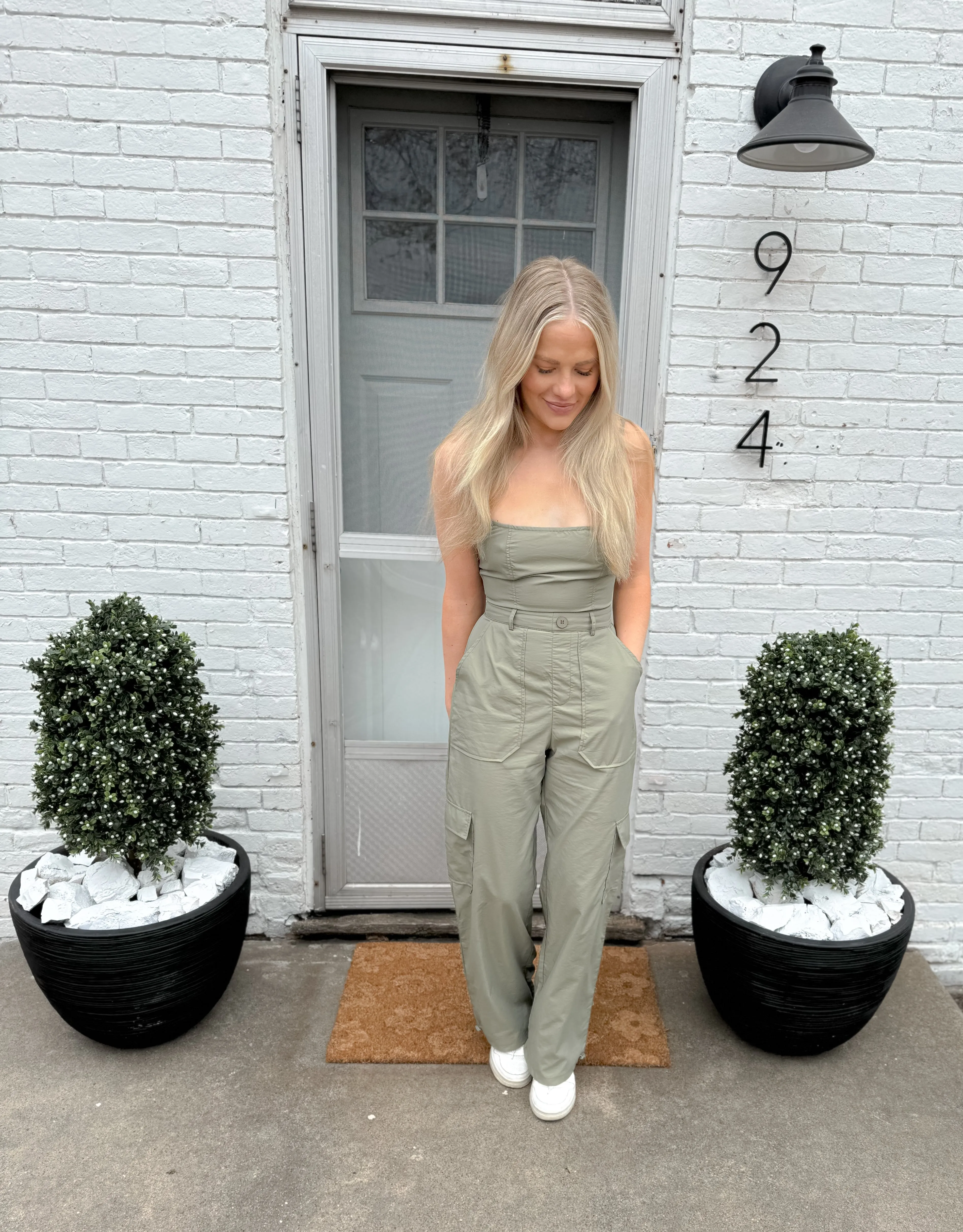 Light Olive Sleeveless Cargo Jumpsuit