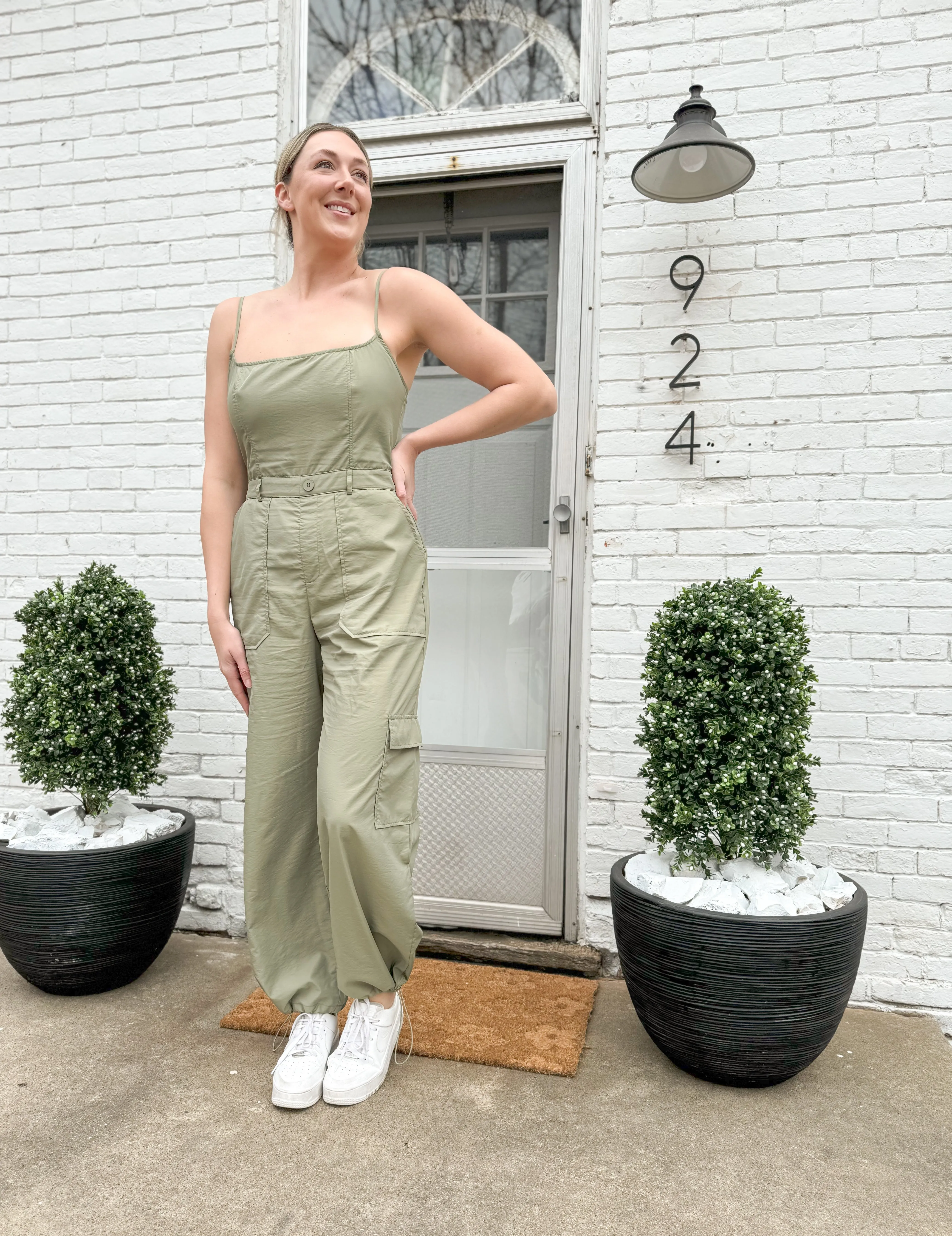 Light Olive Sleeveless Cargo Jumpsuit