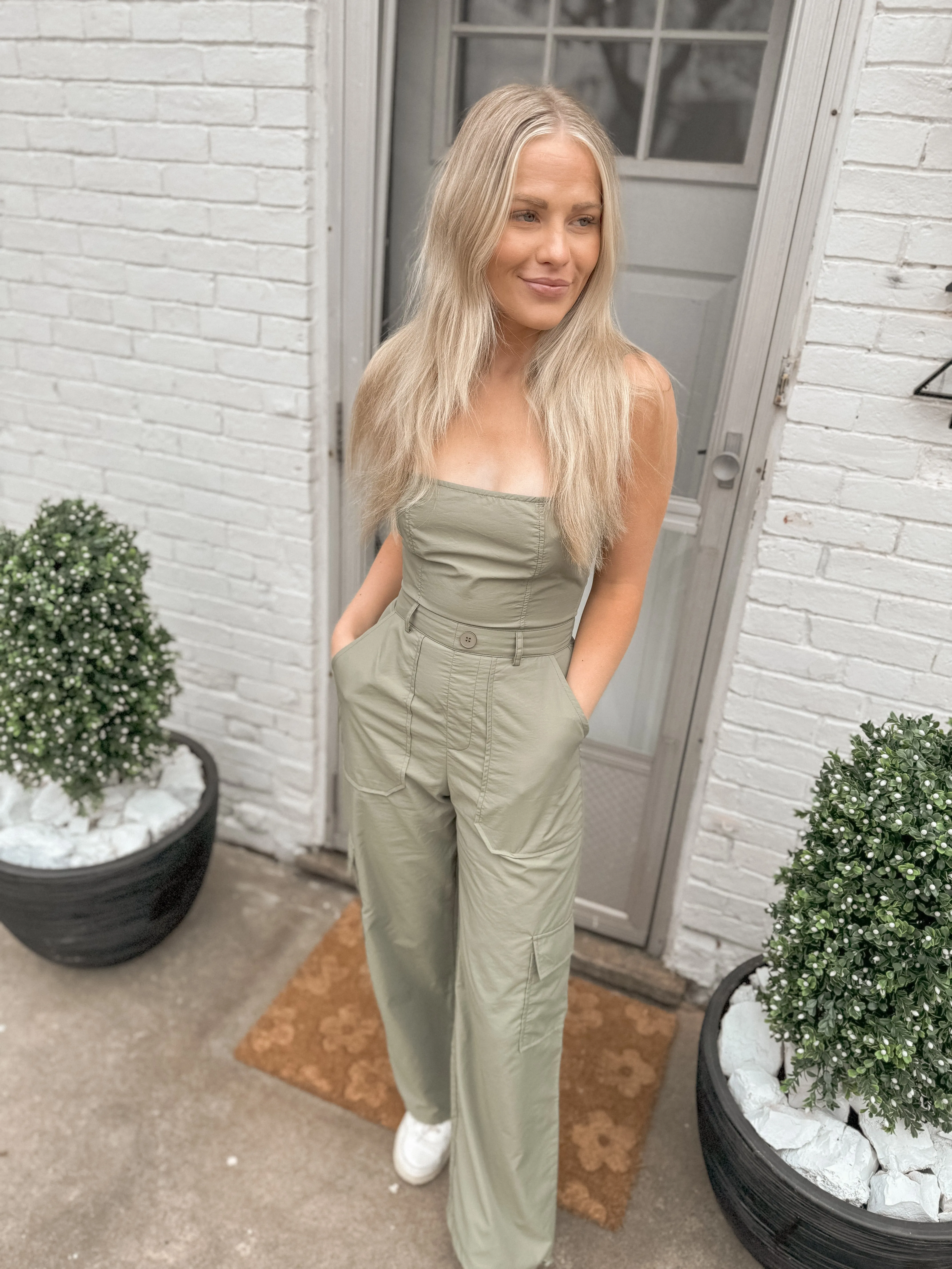 Light Olive Sleeveless Cargo Jumpsuit