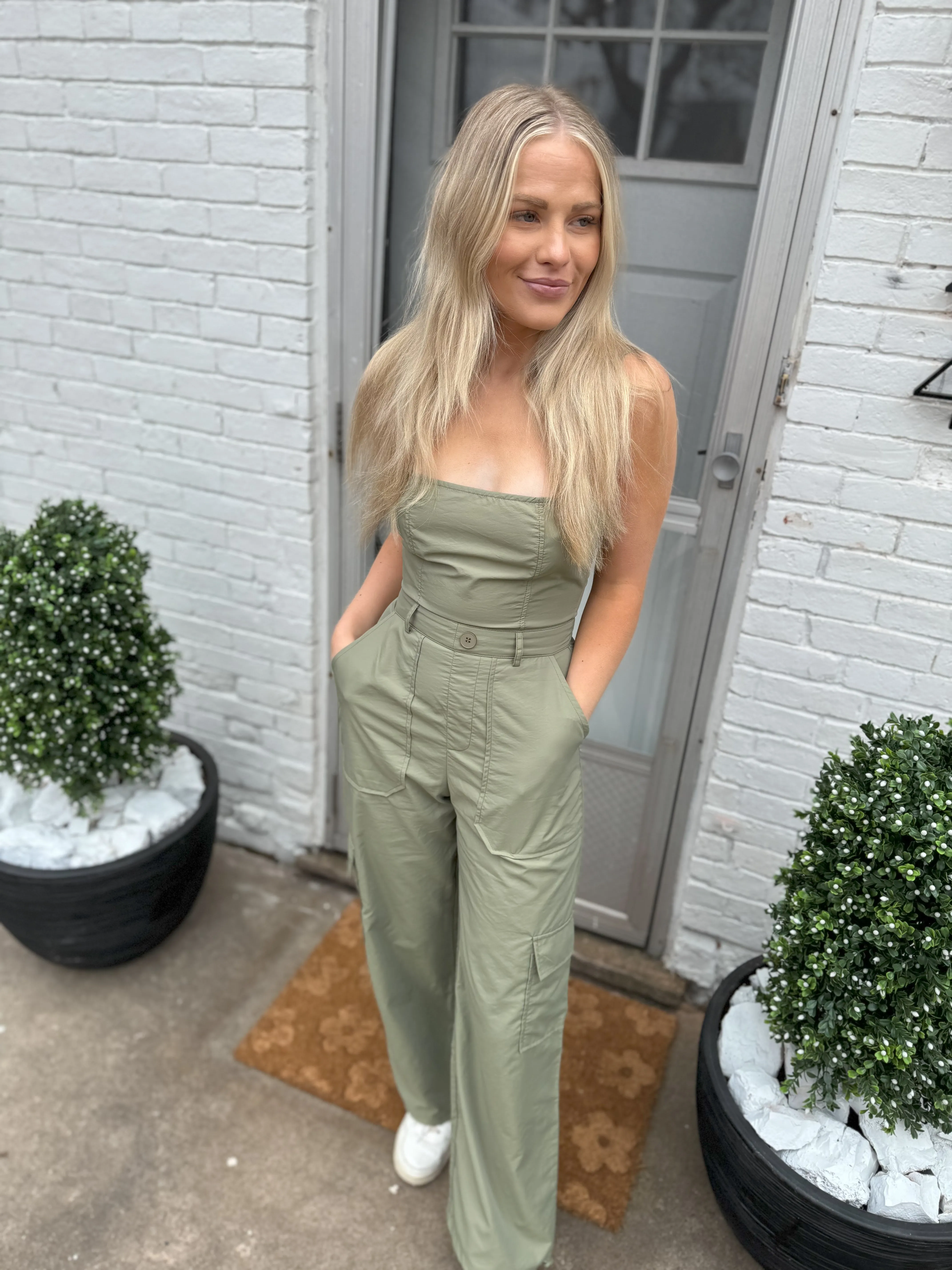 Light Olive Sleeveless Cargo Jumpsuit