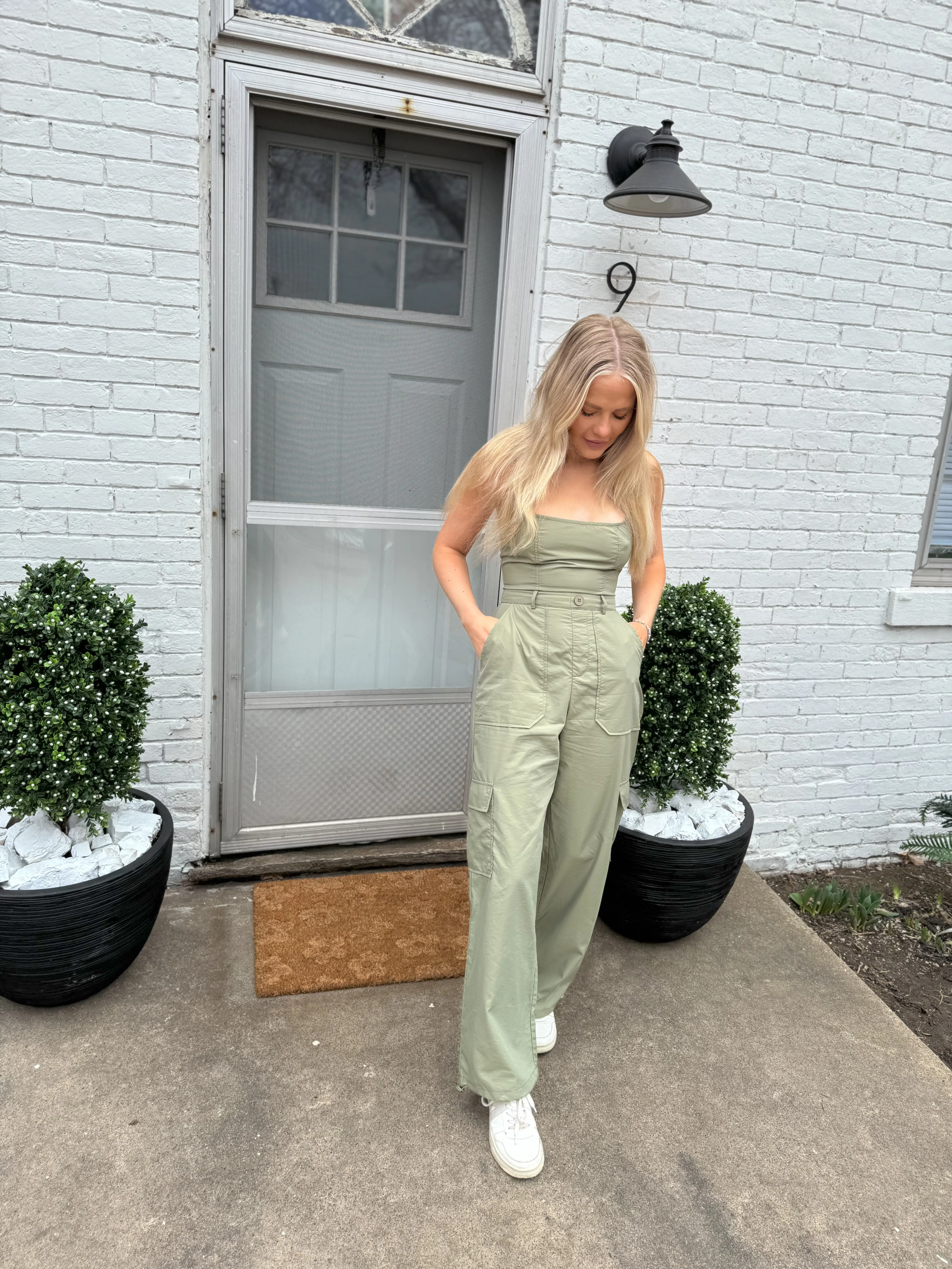 Light Olive Sleeveless Cargo Jumpsuit