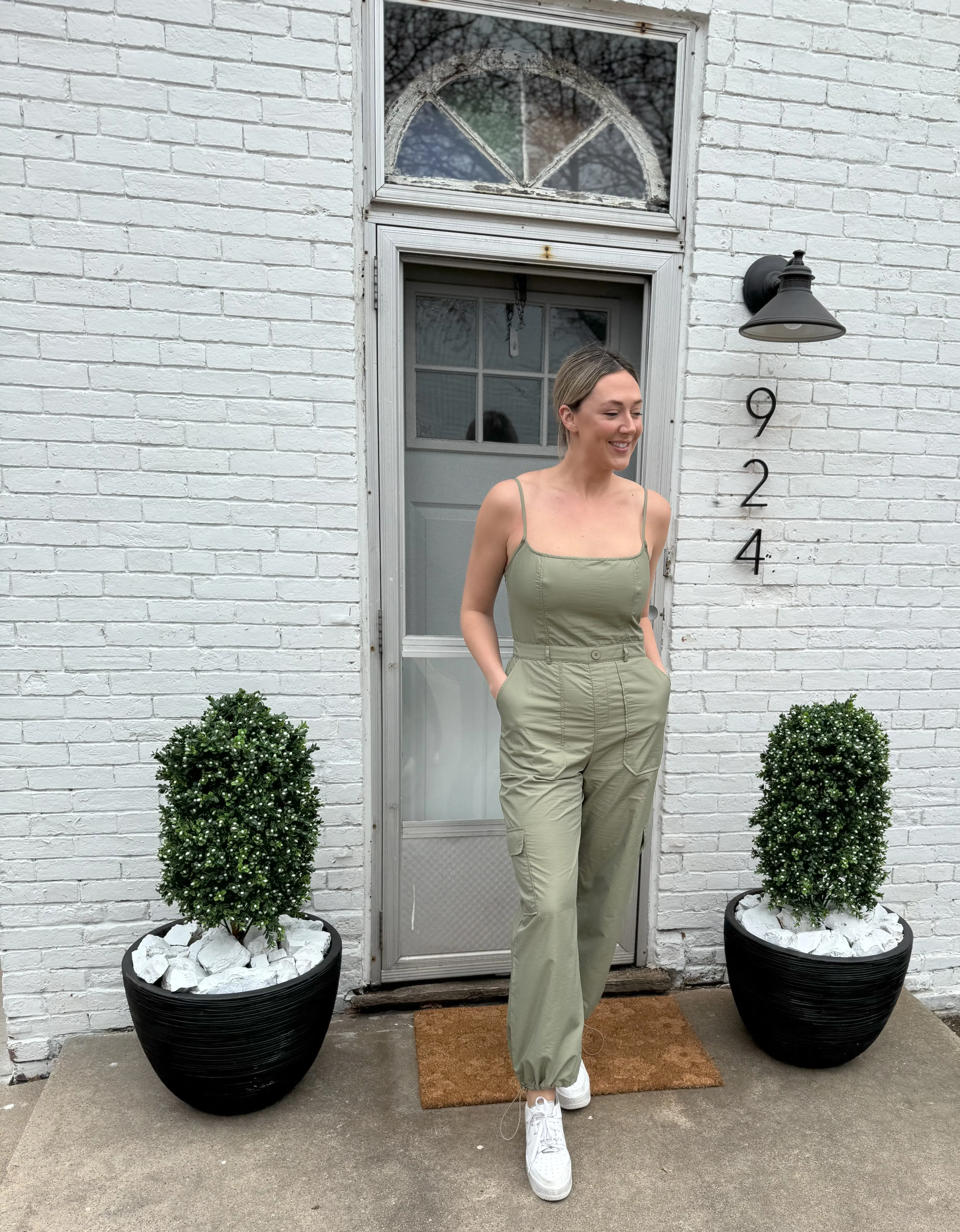 Light Olive Sleeveless Cargo Jumpsuit