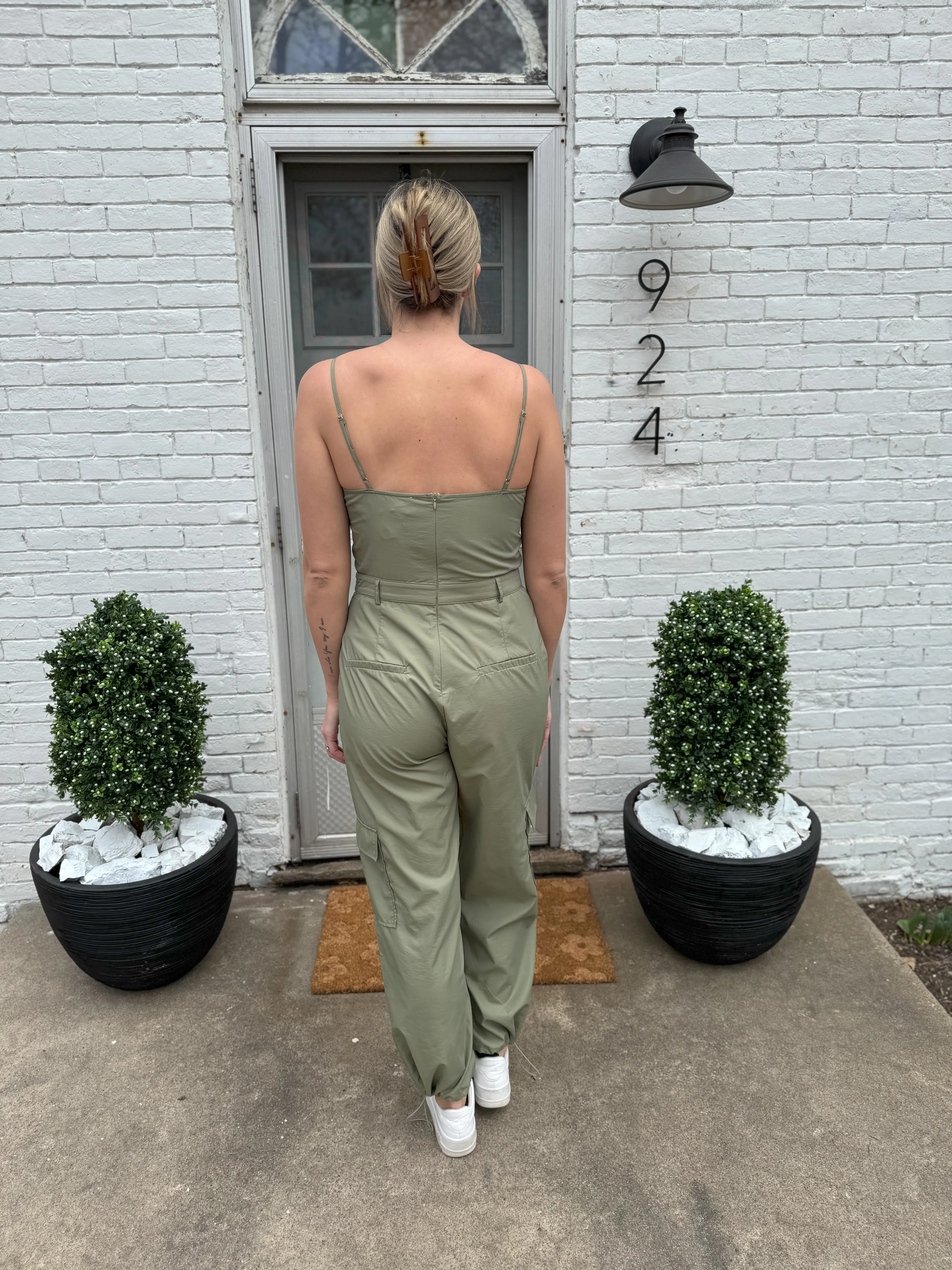 Light Olive Sleeveless Cargo Jumpsuit