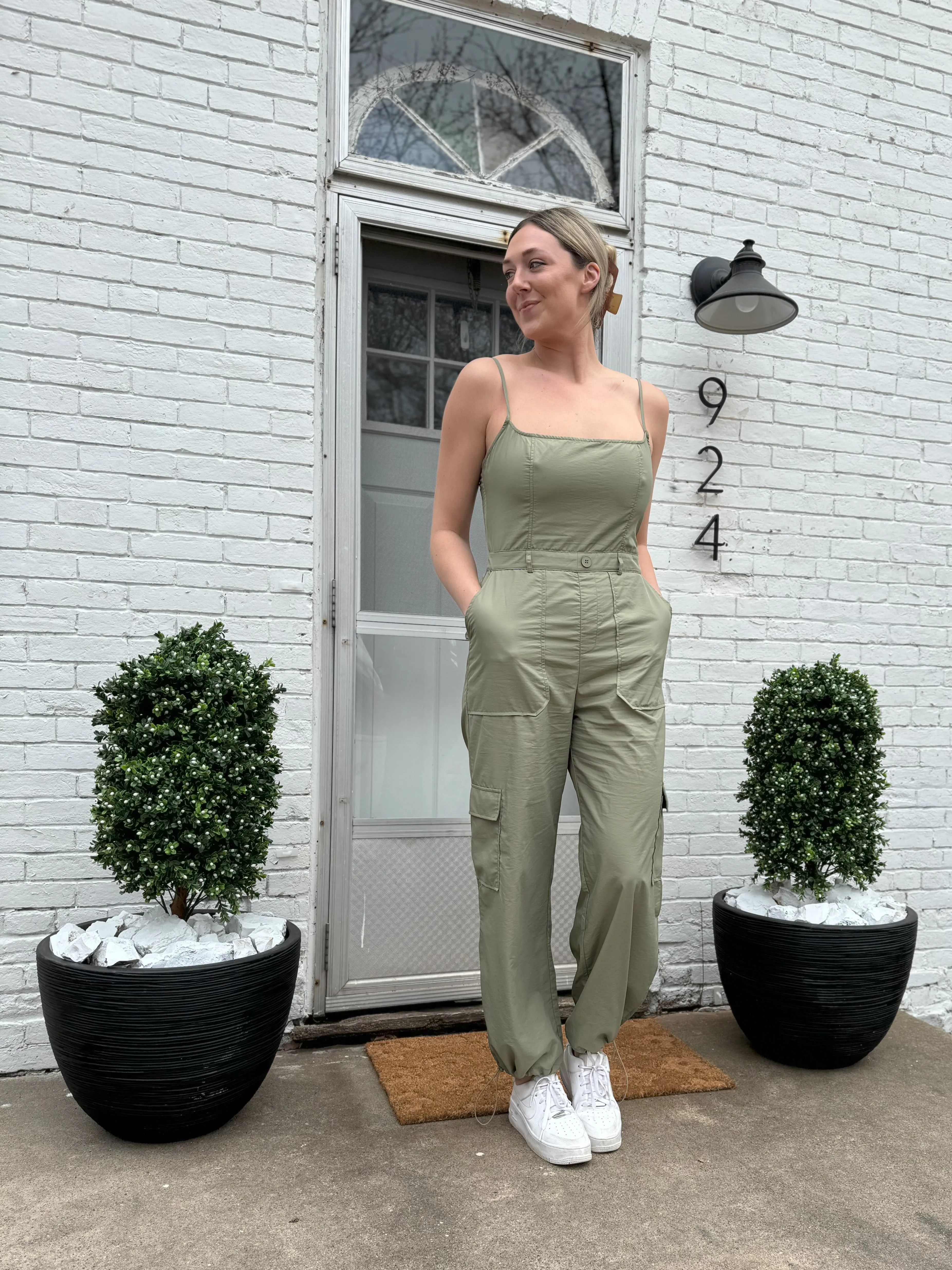 Light Olive Sleeveless Cargo Jumpsuit