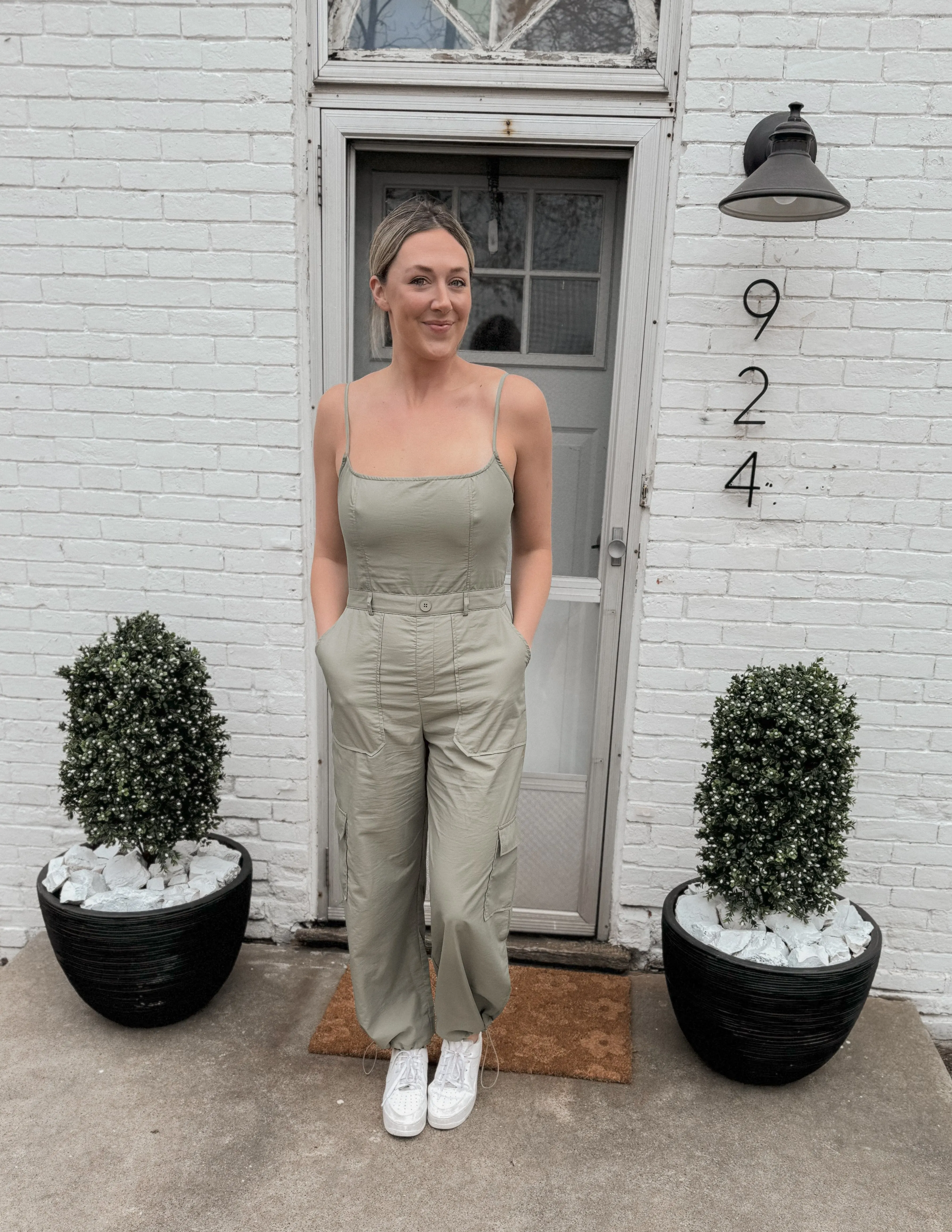 Light Olive Sleeveless Cargo Jumpsuit