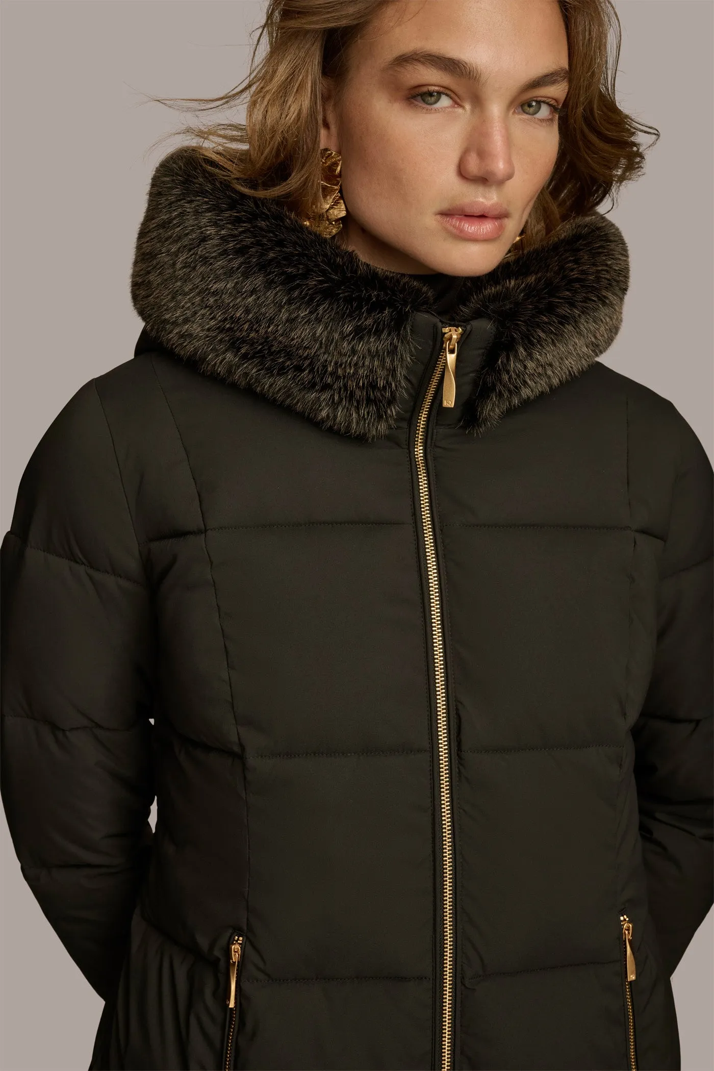 Long Hooded Puffer Coat with Faux Fur Trim