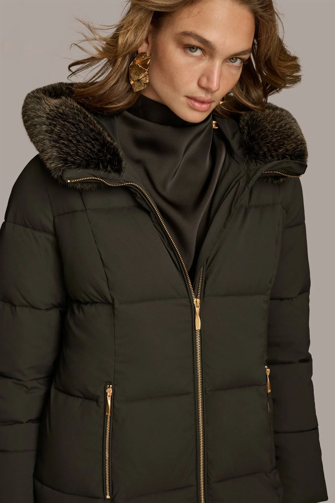 Long Hooded Puffer Coat with Faux Fur Trim