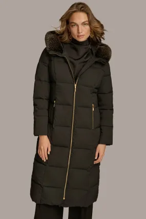 Long Hooded Puffer Coat with Faux Fur Trim