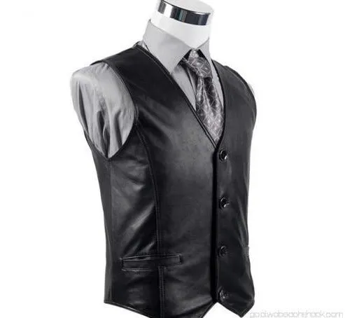 Men's Black Genuine Sheep Leather Waistcoat Vest