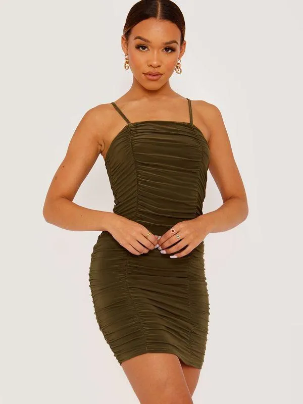 Olive Ruched Slinky Cami Dress