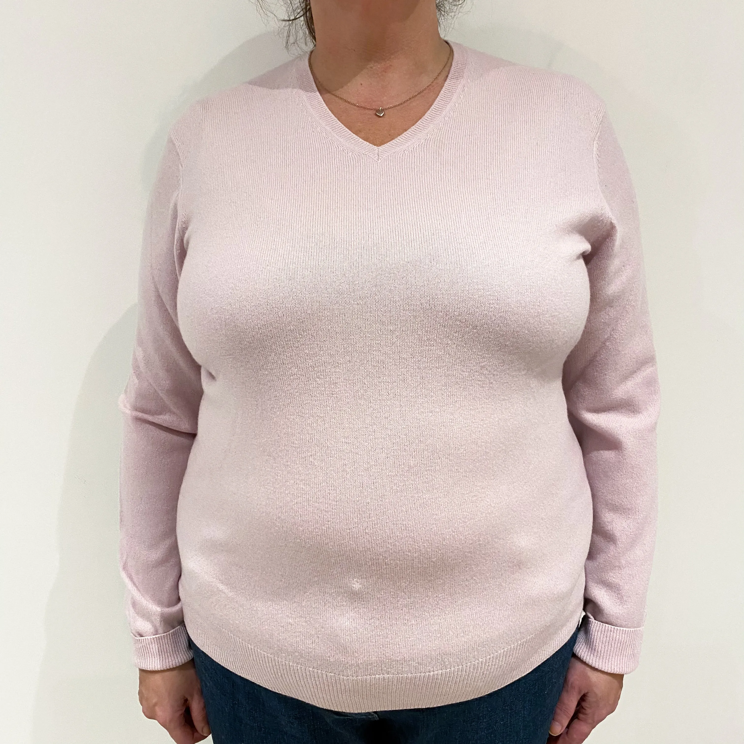 Pale Mauve Pink Cashmere V-Neck Jumper Extra Large