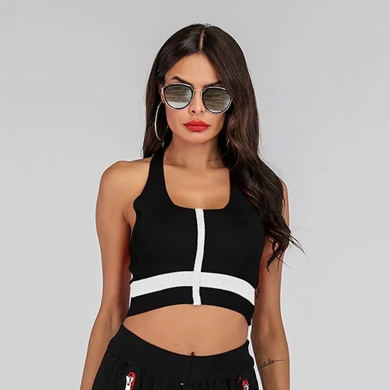 PEOPLETERRITORY popular 2025 new knitted vest women's outer wear short navel-exposed hollow neck-hanging contrasting suspender top
