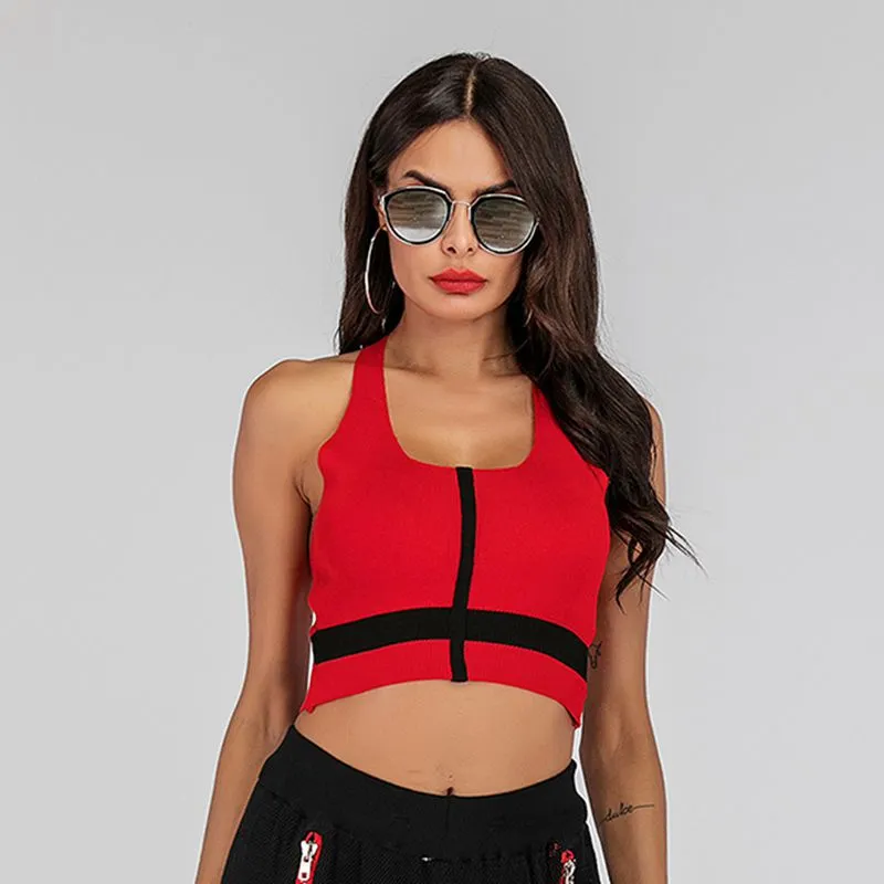 PEOPLETERRITORY popular 2025 new knitted vest women's outer wear short navel-exposed hollow neck-hanging contrasting suspender top