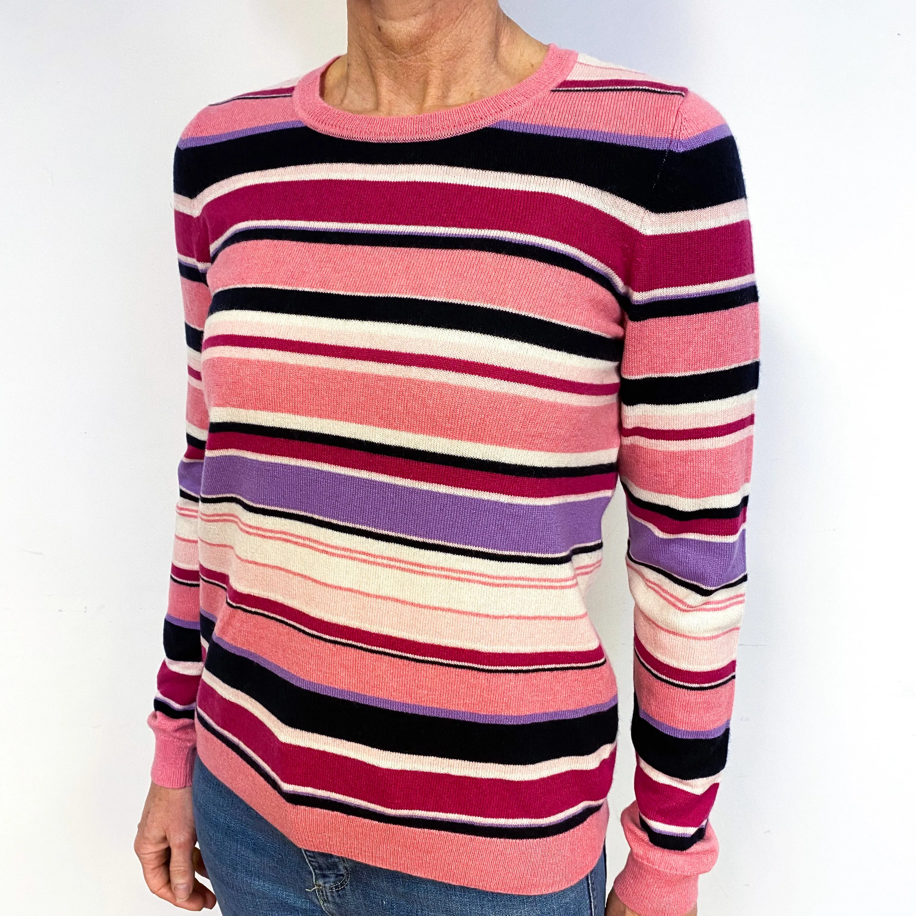 Pink Striped Cashmere Crew Neck Jumper Medium