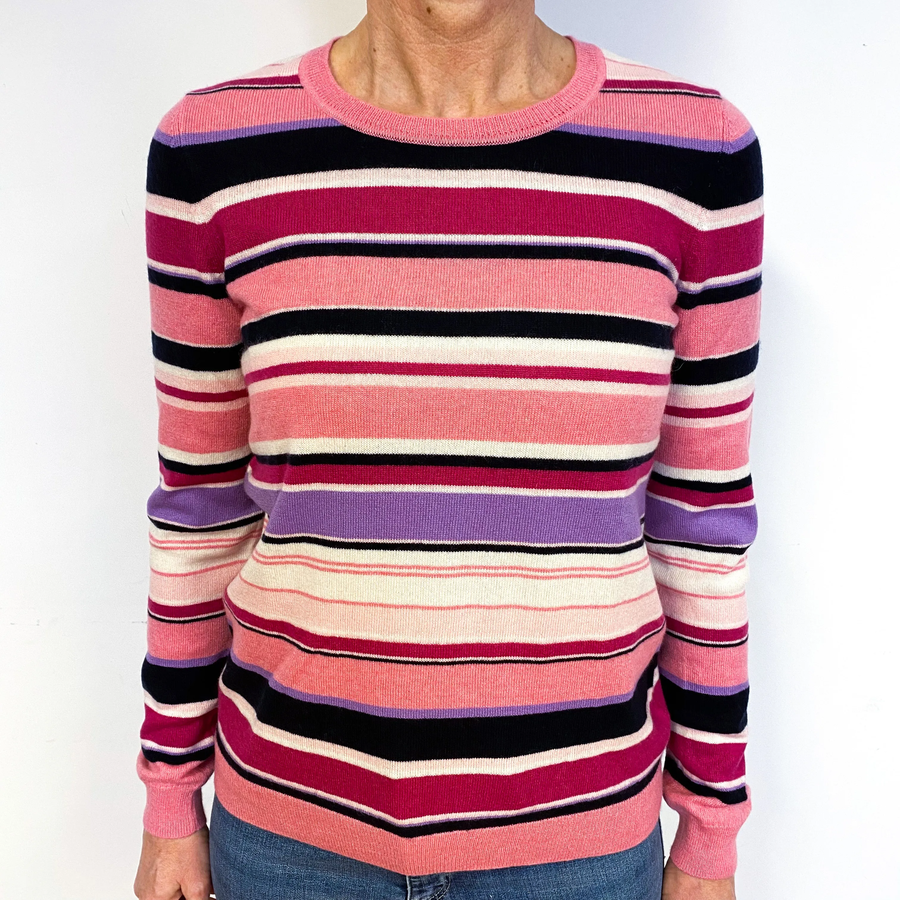 Pink Striped Cashmere Crew Neck Jumper Medium