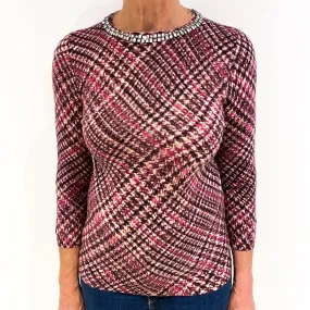 Plum Patterned Cashmere Diamanté Crew Neck Jumper Medium