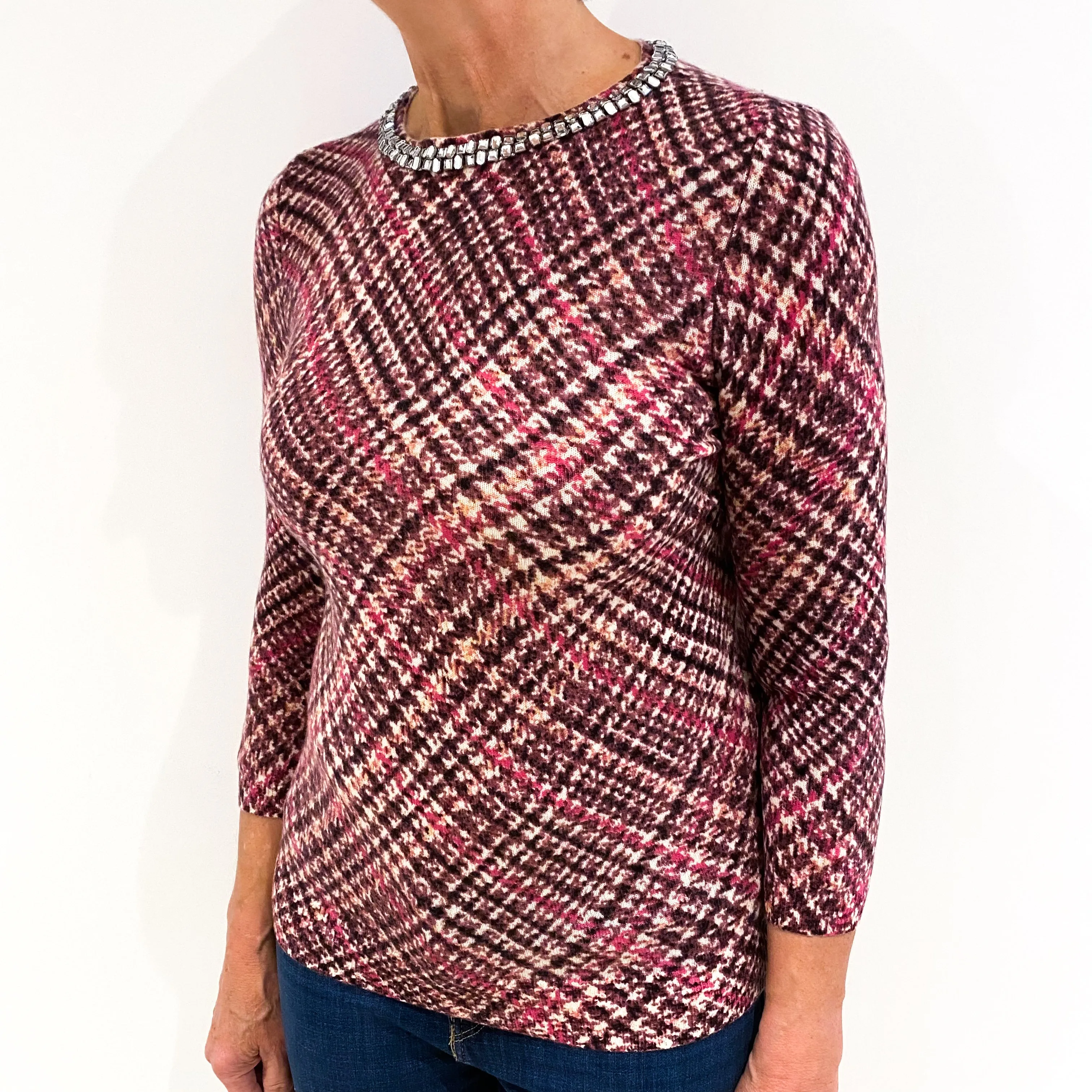 Plum Patterned Cashmere Diamanté Crew Neck Jumper Medium