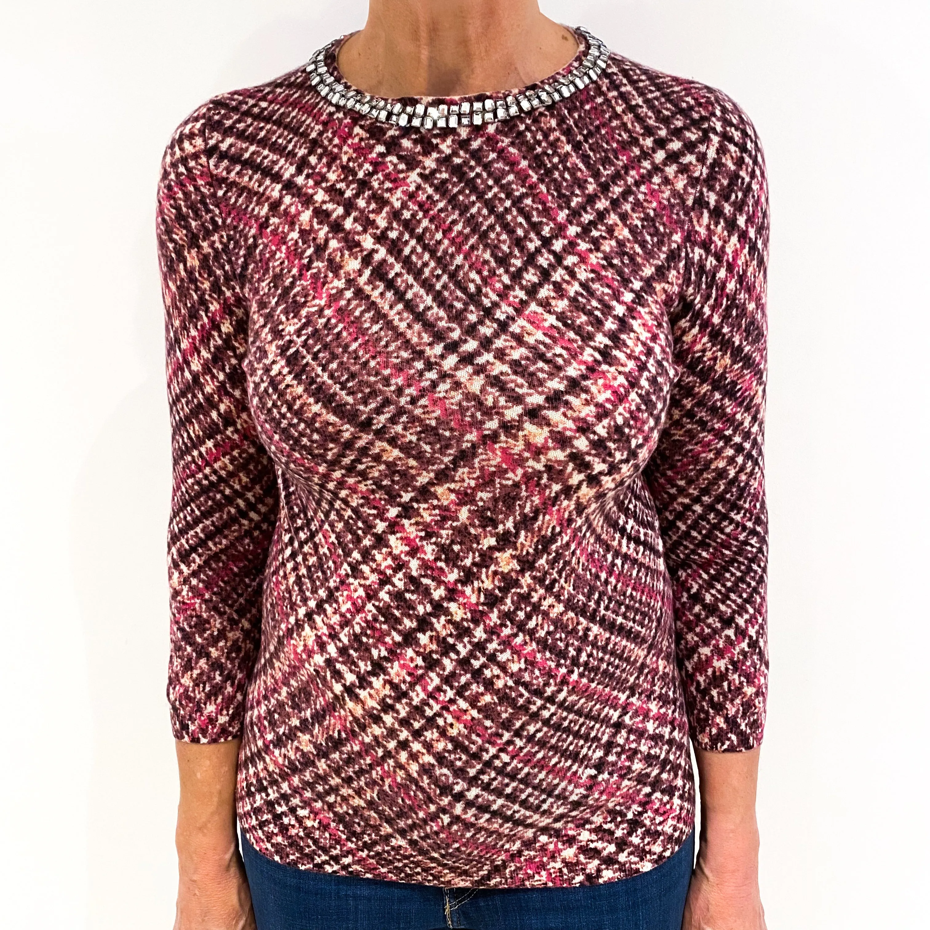 Plum Patterned Cashmere Diamanté Crew Neck Jumper Medium