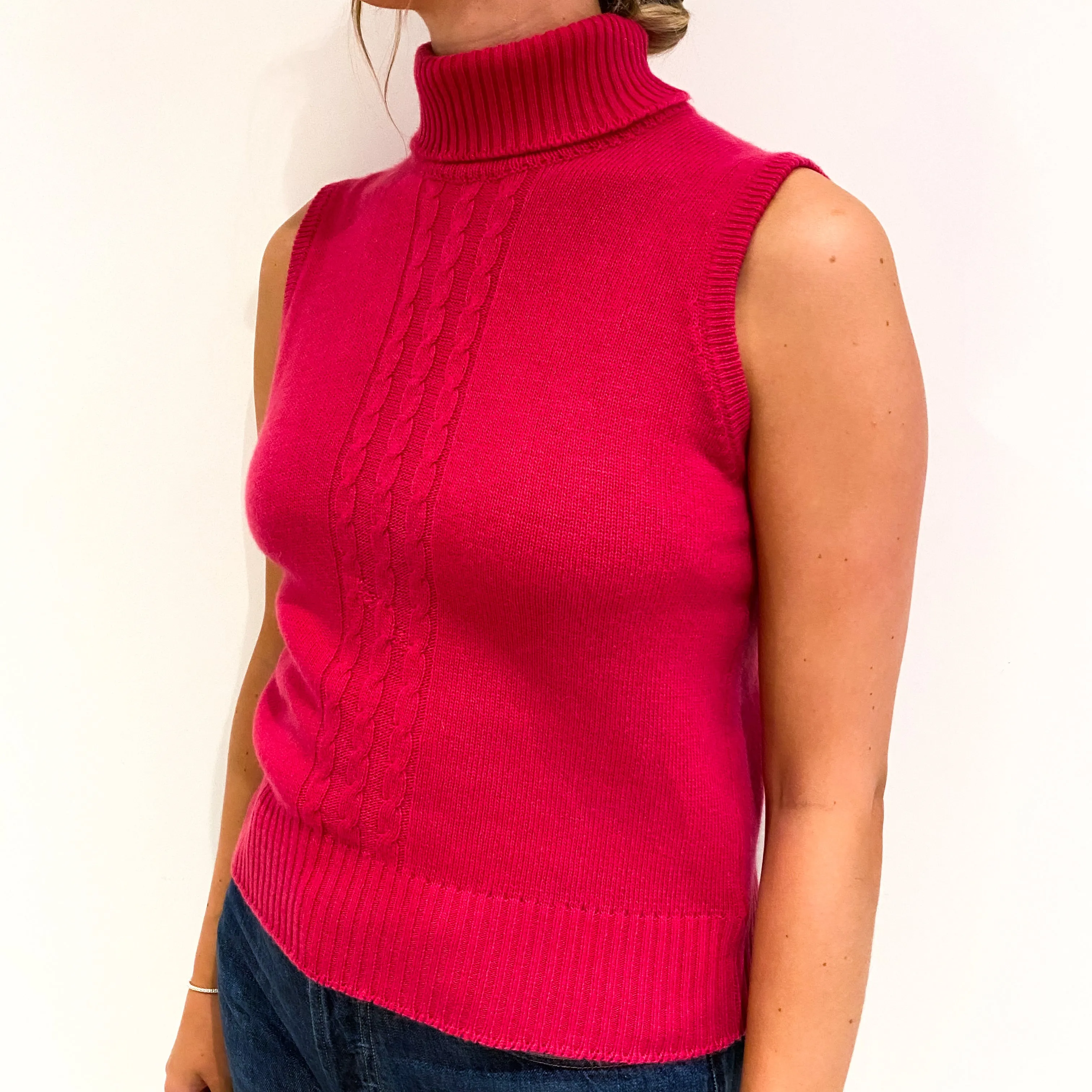 Scottish Fuchsia Pink Cashmere Sleeveless Polo Neck Jumper Small