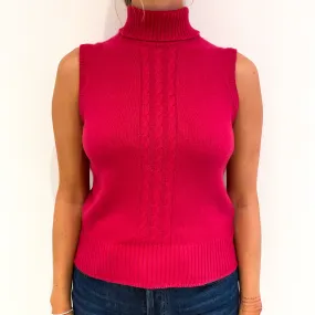 Scottish Fuchsia Pink Cashmere Sleeveless Polo Neck Jumper Small