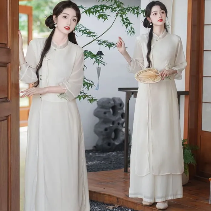 Set: 3/4-Sleeve Flower Embroidered Midi Hanfu Dress   Plain Wide Leg Pants