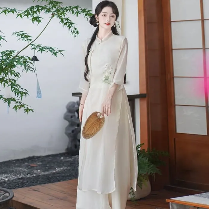 Set: 3/4-Sleeve Flower Embroidered Midi Hanfu Dress   Plain Wide Leg Pants