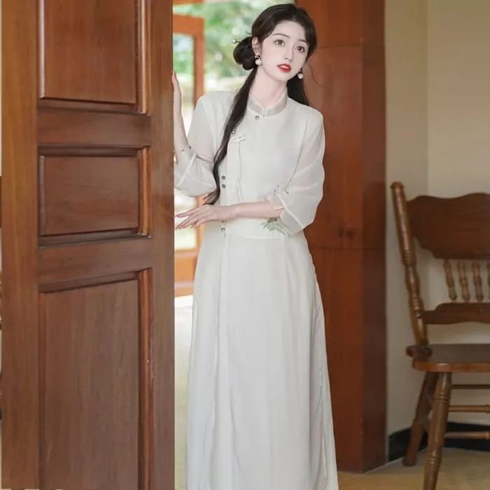 Set: 3/4-Sleeve Flower Embroidered Midi Hanfu Dress   Plain Wide Leg Pants