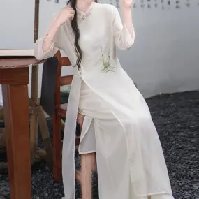 Set: 3/4-Sleeve Flower Embroidered Midi Hanfu Dress   Plain Wide Leg Pants