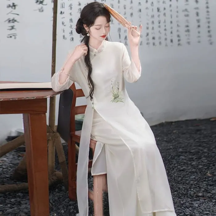 Set: 3/4-Sleeve Flower Embroidered Midi Hanfu Dress   Plain Wide Leg Pants