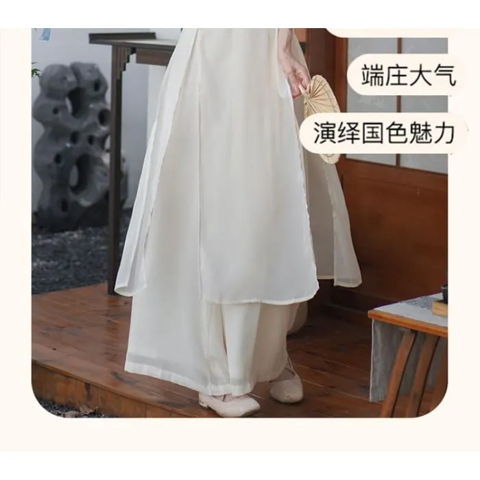 Set: 3/4-Sleeve Flower Embroidered Midi Hanfu Dress   Plain Wide Leg Pants