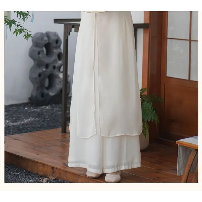 Set: 3/4-Sleeve Flower Embroidered Midi Hanfu Dress   Plain Wide Leg Pants