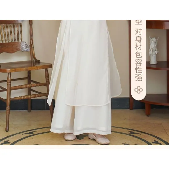 Set: 3/4-Sleeve Flower Embroidered Midi Hanfu Dress   Plain Wide Leg Pants