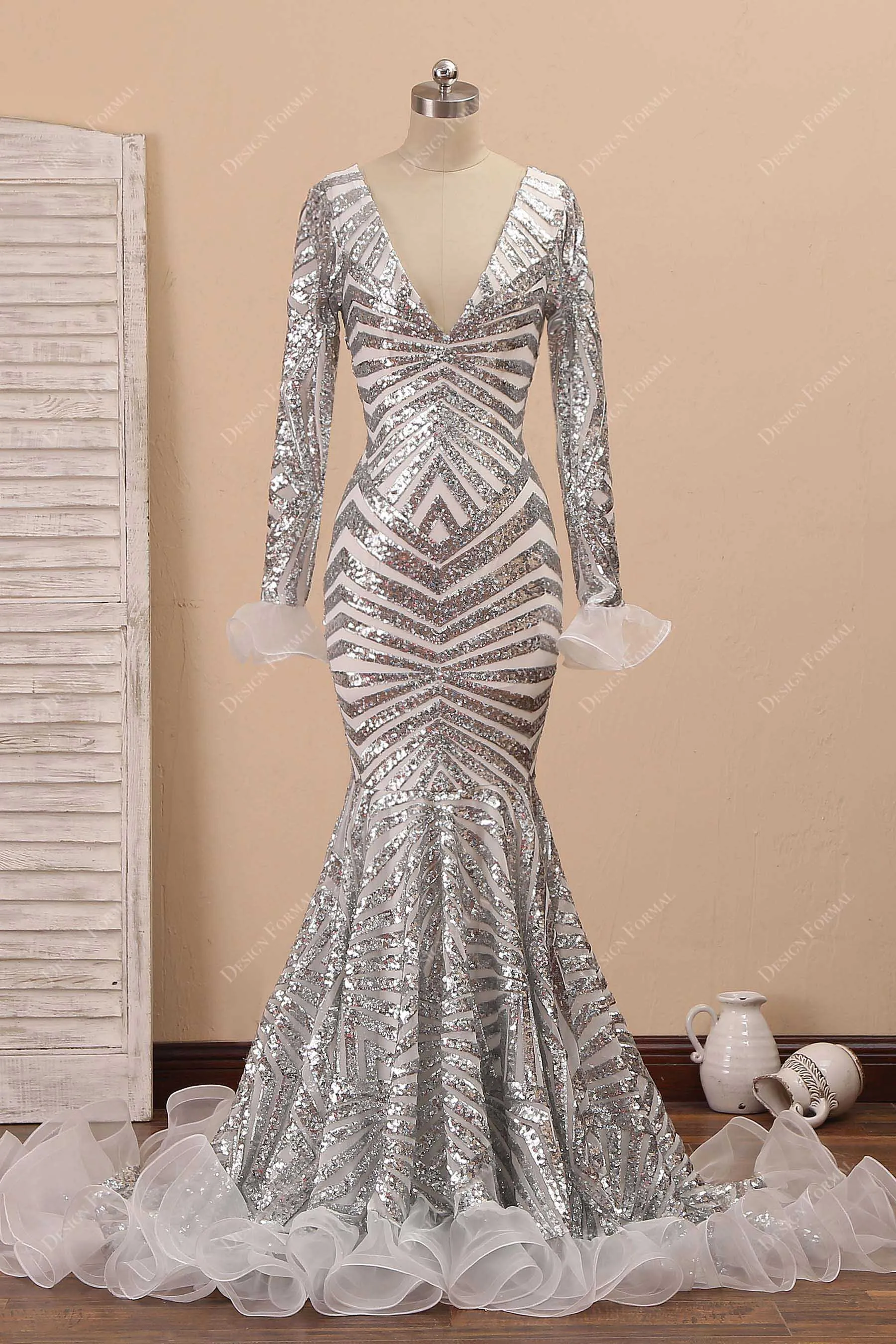Silver Spider Web Sequin with Ruffled Trim Unique Mermaid Dress