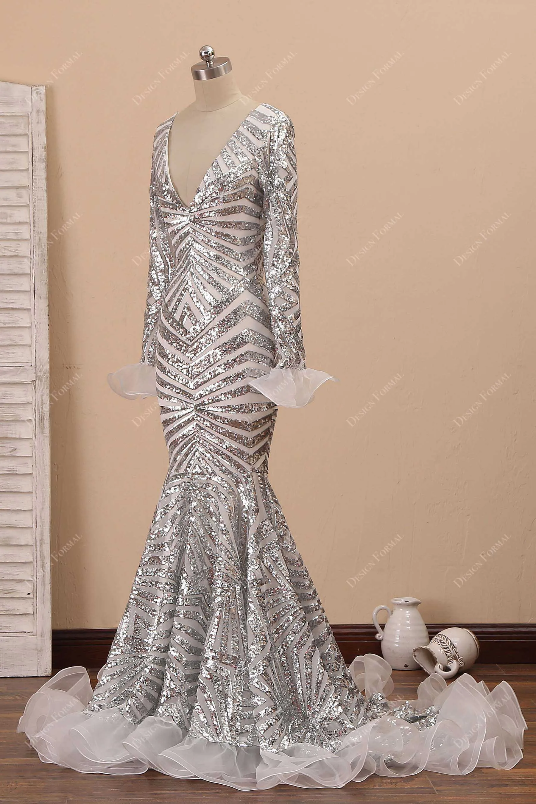 Silver Spider Web Sequin with Ruffled Trim Unique Mermaid Dress