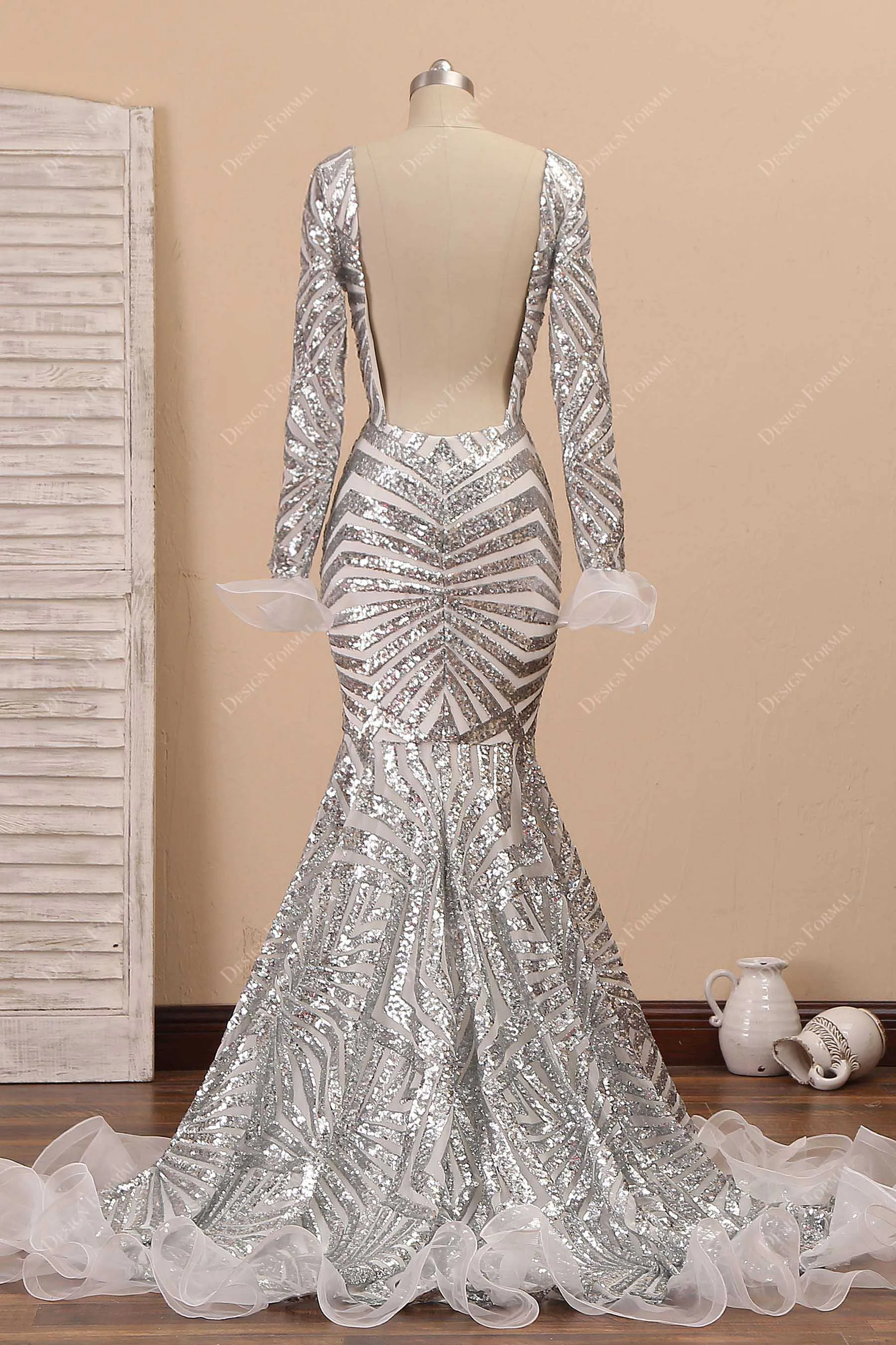 Silver Spider Web Sequin with Ruffled Trim Unique Mermaid Dress