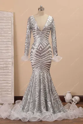 Silver Spider Web Sequin with Ruffled Trim Unique Mermaid Dress