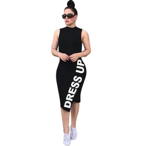 Sleeveless Print Bodycon Dress With Back Hole #Black #Sleeveless #Print