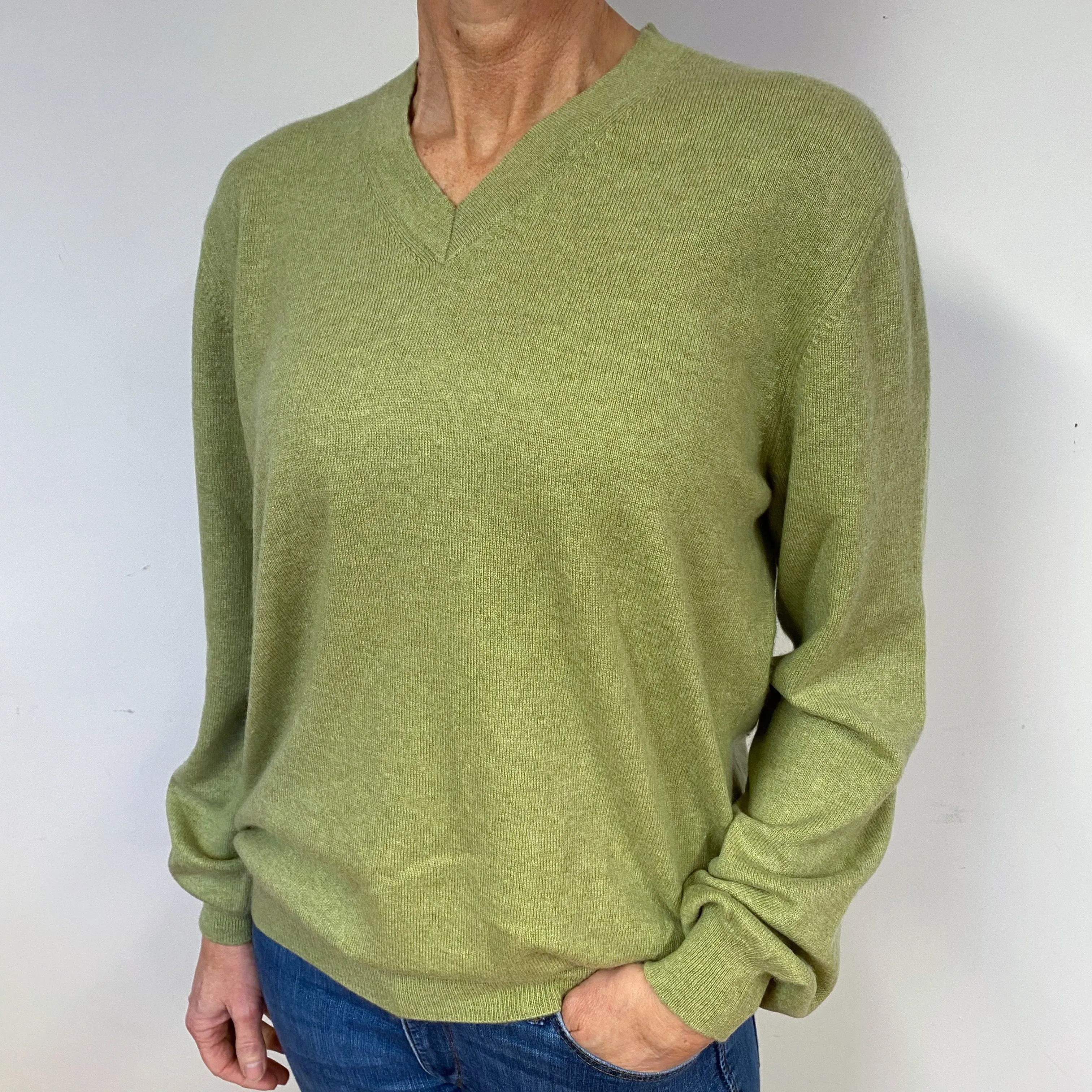 Slouchy Olive Green Cashmere V-Neck Jumper Medium
