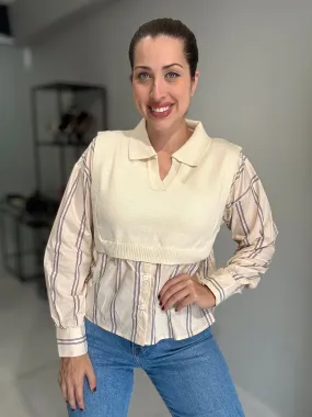Stripes Knitted Vest Blouse | IVORY